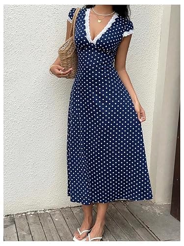 Milumia Women's Polka Dots Lace Trim V Neck Dress Short Sleeve Long Dresses | Cinched Waist, Elegant, Flowy, Sundress, Summer, Spring, Flared, Going Out, A‑Line,Church Dresses thumbnail 5
