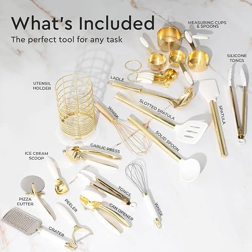 White and Gold Kitchen Utensils Set - 23-Piece Gold Kitchen Accessories Include Measuring Cups and Spoons Set, Silicone Utensils, and Utensil Holder for Baking, Cooking, and Stylish Kitchen Decor thumbnail 3