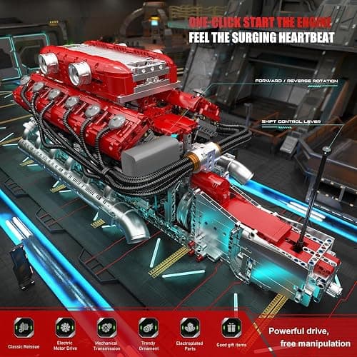 Mould King 10169 V12 Engine Model kit That Runs - Build Your Own STEM V8 Model Engine for Adults, 12-Cylinder Car Engine, Shiftable Gear Operation, Mechanic Engineering Construction Set (3472 PCS) thumbnail 6