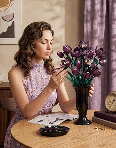SupreOwls Dark Purple Tulip Flowers Building Set Botanical Bouquet for Her | Artificial Plant Collection Building Kit, Home Room Table Decor Block Toy, Birthday Gift for Adult Women Mother Girlfriend thumbnail 5