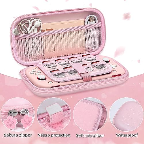 BRHE Pink Travel Carrying Case Accessories Kit for Switch Lite, Hard Protective Cover Skin Shell with Stand, Glass Screen Protector, Thumb Grip Caps 9 in 1 thumbnail 3