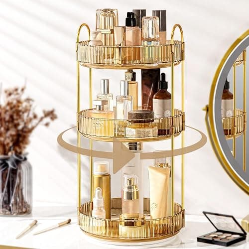 Weidace 360 Rotating Makeup Organizer for Vanity, Bathroom Countertop Spinning Perfume Organizer, High-Capacity Cosmetic and Skincare Dresser Make Up Holder Rack (3 Tiers, Yellow) - Image 1