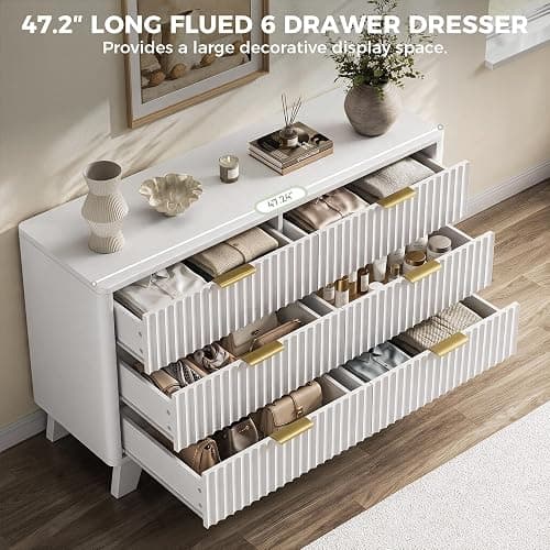 Jocoevol Fluted 6 Drawer Dresser for Bedroom, White | 47" Wooden Chest of Drawers with Curved Profile Design, Modern TV Stand with Metal Handle for Living Room/Hallway thumbnail 4