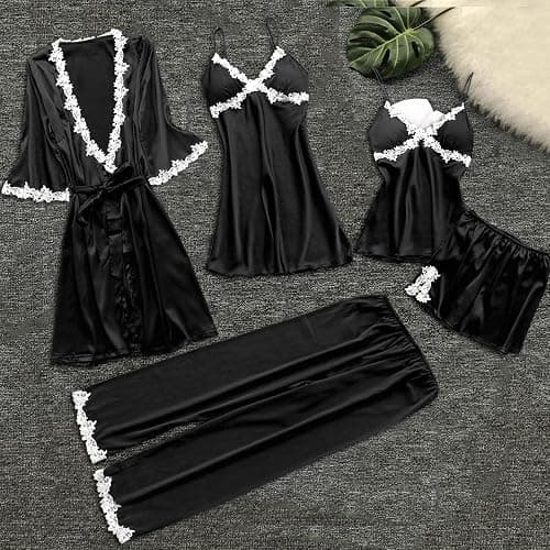Women's 5 Piece Sleepwear Floral Lace Satin Cami Pajama Set Silk Dress Nightgown with Robe Loungewear Nightwear Sets thumbnail 3