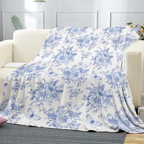Blue and White Floral Throw Blanket, Fuzzy Soft Cozy Flannel Blanket for Home Bed Sofa Couch Chair, Decorative 50 x 60 Inch Blanket thumbnail 4
