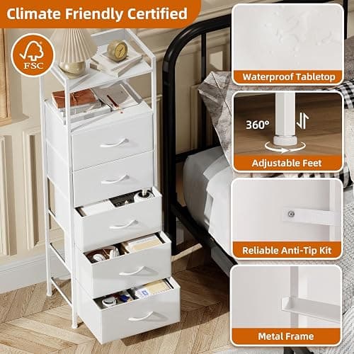 Somdot Tall Dresser for Bedroom, 5 Drawers Nightstand Vertical Storage Tower Unit, Night Stand Furniture with Fabric Drawer Organizer in Bedside Hallway, Entryway, Kids Room, Closet, White Leather thumbnail 6