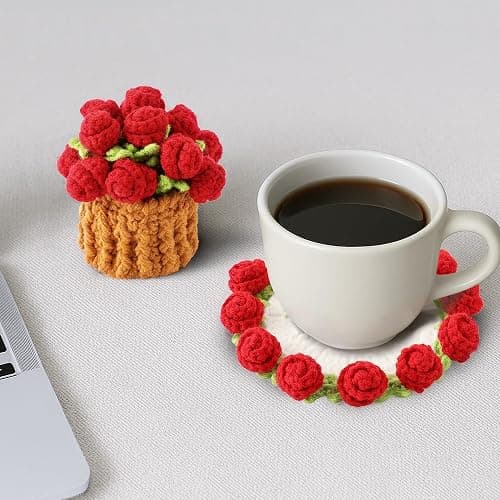 Crochet Flower Coasters, Handmade Bouquet Coasters with Crochet Plant Pot (Red, 2Pcs) thumbnail 6