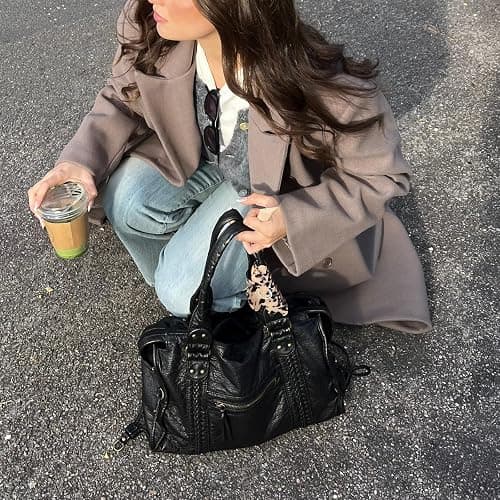RuiDay Sac à main vintage pour femme, Sac à bandoulière pour Femme avec Multi-Poches, sac fourre tout en Cuir PU, Sac messager, Pour l'école, les voyages thumbnail 3