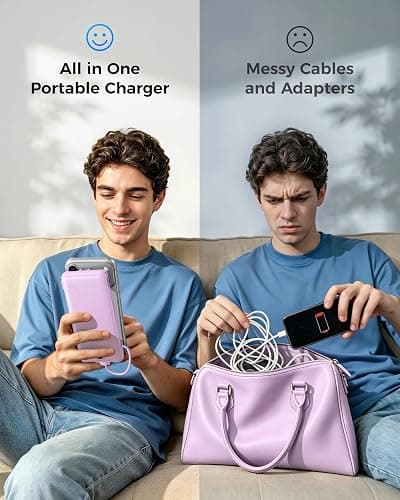 VEGER Portable Charger Power Bank with Built-in AC Plug and Cables, All in One 10000mAh Ultra Slim Travel Essentials, Fast Charging Battery Pack Compatible with iPhone, Samsung, Android, Purple thumbnail 6