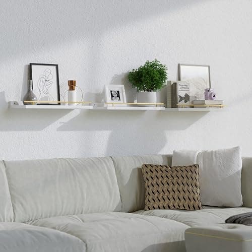 WOPITUES Floating Shelves with Gold Metal Guardrail, Shelves for Wall Decor Set of 3, Wall Shelves for Bedroom, Bathroom, Kitchen, Living Room, Plants, Picture Frames, Art- White and Gold thumbnail 7