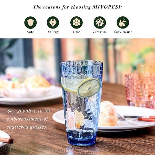 MIYOPESI 26oz Blue Acrylic Glasses Drinkware (Set of 6), Hammered Design Shatter-Proof Plastic Cups, Reusable Plastic Large Drinking Tumblers, Stackable, BPA-Free, Dishwasher-Safe thumbnail 3