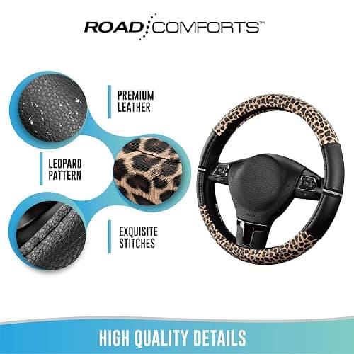 Road Comforts Leopard Steering Wheel Cover - Made with PVC Leather Cheetah Print - Anti-Slip, Universal Fit 14 1/2 inches to 15 inches - Black thumbnail 6