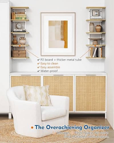 Harwaya White and Natural Tiered Wall Shelf Unit, 5 Tier Display Floating Shelves, Deep Hanging Wall Shelving Unit for Living Room Plants TV, Bedroom Books, Office Décor (White and Natural Wood) thumbnail 6