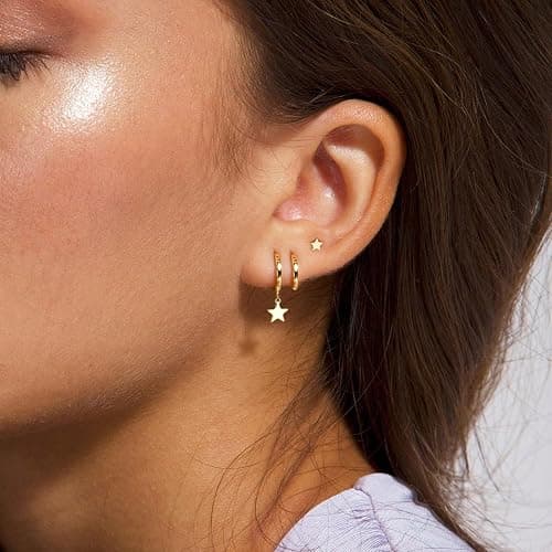 GUOKE 3 Pairs Small Hoop Earring Stacks, 14K Gold/Silver/Black/Rose Gold Plated Pearl Heart Butterfly Bow Star Moon Leaf CZ Hoop Charm Huggie Earrings Trendy Jewelry Gift for Women thumbnail 4