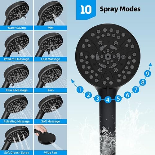 Hibbent All Metal High Pressure Rainfall 10'' Shower Head, CUPC Certified Handheld Showerhead Combo, 12'' Adjustable Shower Extension Arm, 10-Spray, 71'' Hose, Adhesive Showerhead Holder, Matte Black thumbnail 7