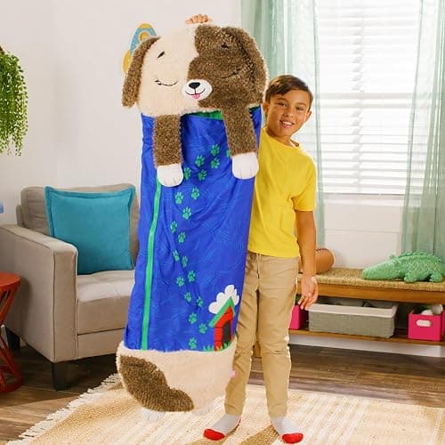 Happy Nappers Medium Hugsy the Puppy 2-in-1 Play Pillow & Sleepy Sack | Plush animal sleeping bag for kids age 3+. 54x20 in, ultra soft cozy material, machine washable portable nap companion thumbnail 9