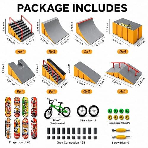 14-in-1 Fingerboard Skate Park Toy Set for Kids with 8 Skateboards and Bike | Modular fingerboard skatepark, Multiple layouts, Smooth-edge ABS ramps, Half pipe and rails, Fits most standard fingerboards thumbnail 3