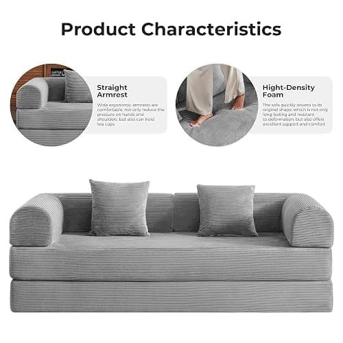 Bsxupke 79" 5-in-1 Convertible Sofa Bed No Assembly, Boneless Couch Bed with High Density Foam, Foldable Sleeper Sofa, Corduroy Modular Couch for Apartment, Studio, Dorm Room, Small Space, Light Grey thumbnail 5
