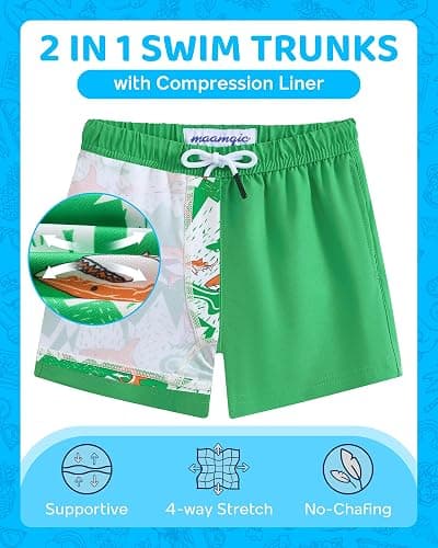 maamgic Boys Swim Trunks with Compression Liner 4-Way Stretch Quick Dry Bathing Suit Toddler Beach Shorts thumbnail 2