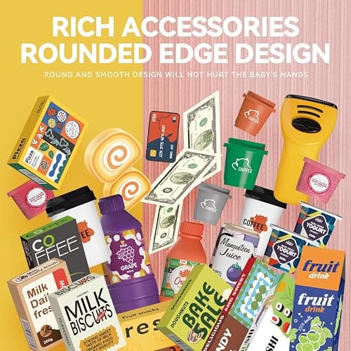 Kids Cash Register Playset - 48PCS Play Money, Calculator, Scanner,Ages 3+ | Toddlers Cash Register Playset with Credit Card & Play Food,for Boys and Girls Ages 3+ Pretend Grocery Store Shopping Playset thumbnail 5