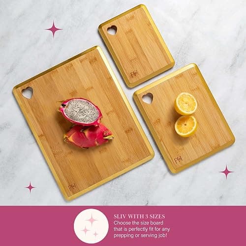 Paris Hilton Reversible Bamboo Cutting Board Set with Heart Shaped Cut-Out Design, Glamorous Gold Edge Detail and Multiple Board Sizes, 3-Pieces, Gold thumbnail 5
