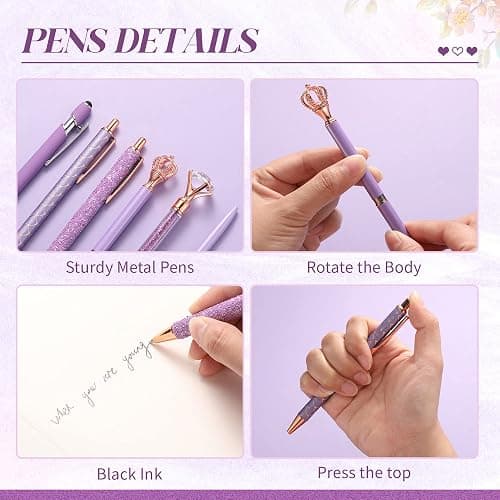 Qeeenar 6 Pcs Ballpoint Pens Set Metal Crystal Diamond Pen for Journaling Glitter Pretty Cute Stationery Black Ink Fancy Gifts for Women Girls Teacher Office Wedding School Supplies(Purple Series) thumbnail 3