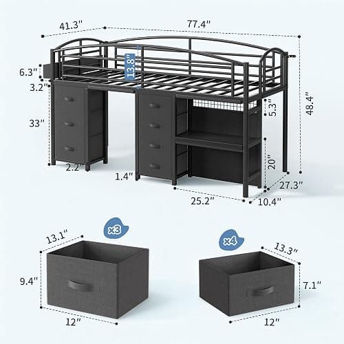 Low Loft Bed Twin Size with 7 Storage Drawers, Desk and LED Lights, Heavy Duty Metal Kids Loft Bed with 13.8" H Safety Guardrail, Anti-Collision Pad, Private Play Curtain, Under-Bed Play Space - Black thumbnail 7
