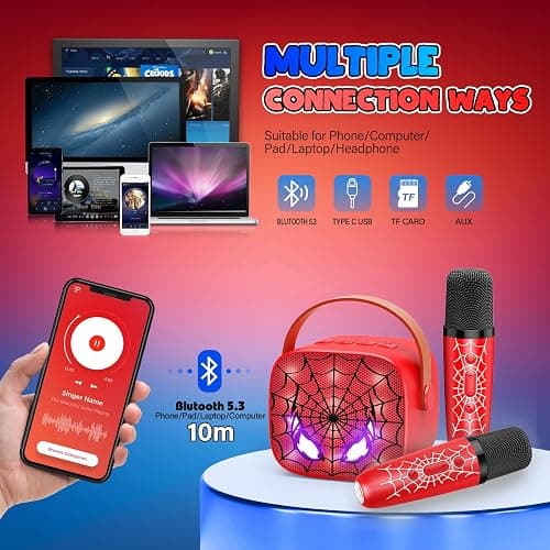 Mini Karaoke Machine Toys Gifts: Kids Toys Easter Birthday Gifts for 4 5 6 7 8 9 Years Old Girl Boy LED Portable Bluetooth Speaker with 2 Wireless Microphone Girl Boy Kid Adult Gift Toy Age 3-12+ - Red thumbnail 3