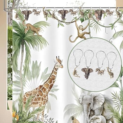 YRMLYMOP Jungle Shower Curtain Hooks,12 Pcs Animal Shower Curtain Hooks, Rainforest Elephant Zebra Monkey Giraffe Tropical Safari Bathroom Curtain House Bathroom Decor Accessorie, Stainless Steel Ring thumbnail 6