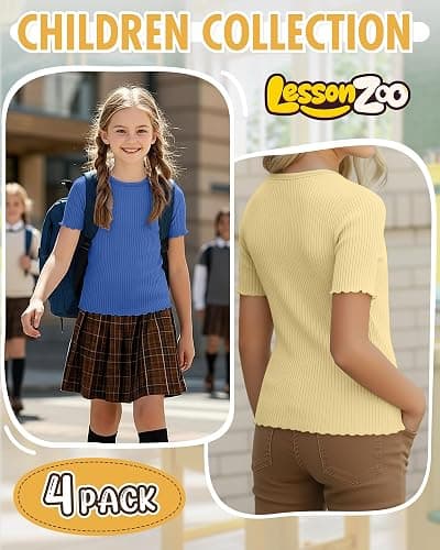 LessonZoo 4 Pack Girls Short Sleeve Tops Ribbed Cotton Lettuce Trim T Shirts Crew Neck Cute Basic Tees for Kids Teen 5-14Y thumbnail 3