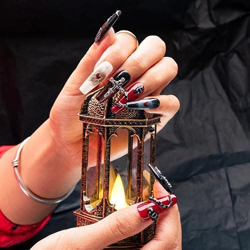 Sun&Beam Nails Handgefertigte Kunstnägel Lang Sargform Ballerina Nägel zum Aufkleben in Rot Schwarz Y2K Halloween Ombre Design mit Klebepads 10 Stück (#189 M) thumbnail 2