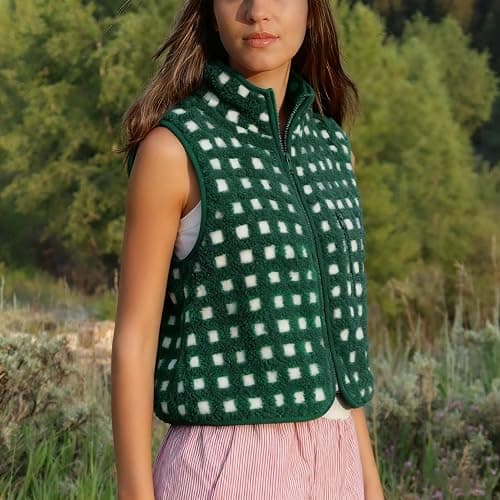 SeeLuNa Womens Checkered Sherpa Vest Sleeveless Winter Fleece Jacket High Neck Zip Up Plaid Gilet with Chest Pocket thumbnail 5