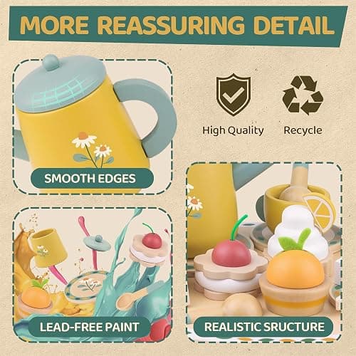 Airlab Tea Sets for Toddlers 3-5 Girl Birthday Gift 2 Year Old Princess Party Wooden Play Food Toy Sets for Kids Kitchen Accessories Age 3 4 5 6 Wood Educational Toys thumbnail 4