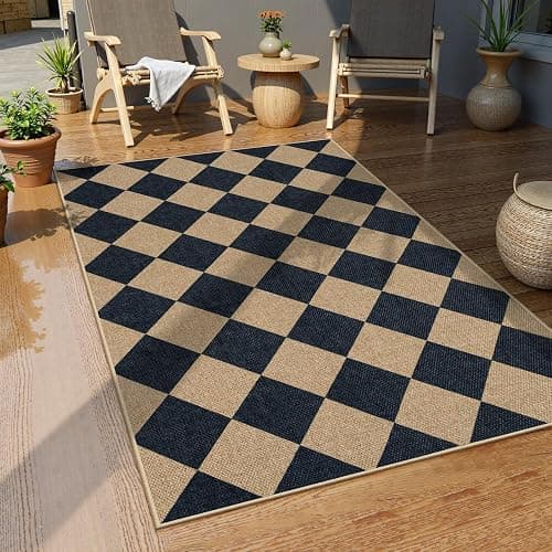 Lahome Colette Checkered Easy Jute 3x5 Outdoor Patio Rug, Washable Rugs for Entryway Diamond Indoor Outdoor Living Room Carpet, Farmhouse Neutral Non Slip Black Door Carpet for Backyard Bedroom thumbnail 7