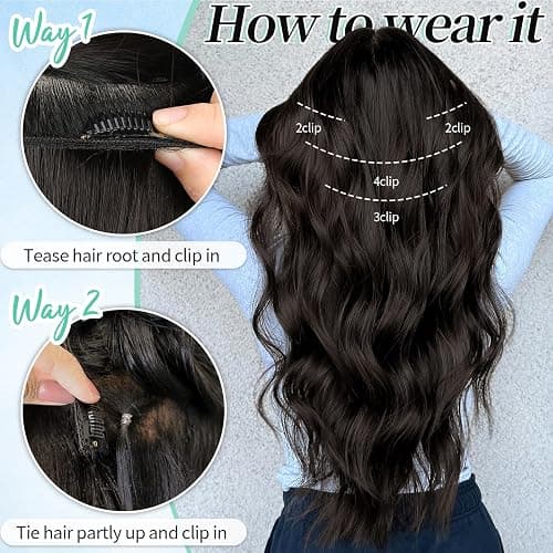 KooKaStyle Clip in Synthetic Hair Extensions Long Wavy 4PCS Thick Hairpieces Dark Brown 6# Fiber Double Weft Natural Hair Extensions 24 Inch for Women thumbnail 8