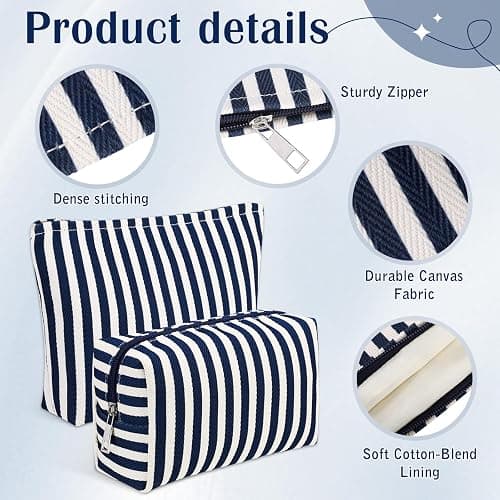 Sadnyy 2 Pcs Navy Blue Striped Makeup Bags Set Canvas Zipper Cosmetic Pouch for Purse Travel Toiletry Organizer Bag Gifts for Mom Women Beach Bridemaids Party Favors thumbnail 4