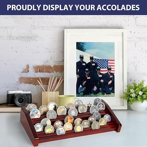 DecoWoodo Challenge Coin Holder Display Case - 2 Tiers Solid Wood Military Coin Rack for 60-70 Coins, Army Coin Stand for Desk Display, Mahogany thumbnail 2