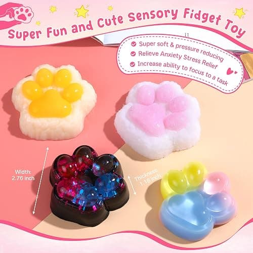 Taba Squishy, 4Pcs Cute Cat Paw Fufu Sticky Squishies Puppy Paw Print, Ultra-Soft Safe Silicone Stretchable Springy Cat Paw, Gifts for Kids Adult thumbnail 4