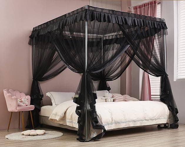 Mengersi 4 Corner Post Bed Canopy Bed Curtains Mosquito Net Bedroom Decoration Accessories (Twin, Black) - Image 1
