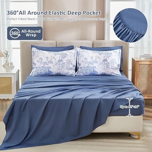 DJY Blue Comforter Set Queen, 7 Pieces Bed in a Bag Queen Size Botanical Comforters with Sheets Elegant Plants Print Soft Microfiber Reversible Complete Bedding Sets for All Season thumbnail 5
