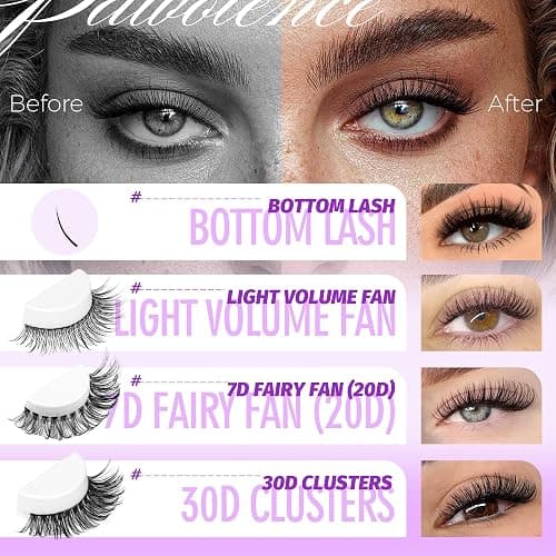 Pawotence Lash Extension Kit Lash Clusters Multi-types Individual Lashes Natural Bottom, Light Volume, 20D 30D Clusters Eyelash Extension Kit with Lash Bond and Seal, Lash Applicator for Self Use thumbnail 3