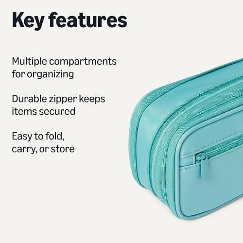 Amazon Basics Large Capacity Pencil Case with Durable Zipper, Multi-Compartment, Cyan Mild thumbnail 3