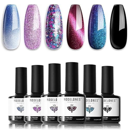 modelones Color Changing Cat Eye Gel Nail Polish Set, 6 Colors Glitter | Magnetic Chameleon Nail Art, UV LED Soak Off, Reflective Temperature Polish, Blue Red Black Pink Shimmer, DIY Home Salon - Image 1