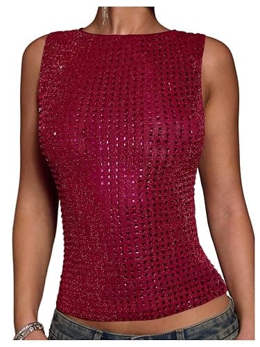 OYOANGLE Women's Sparkly Rhinestone Shirt Sleeveless Crew Neck Tanks Rave Top Concert Outfits - Image 1