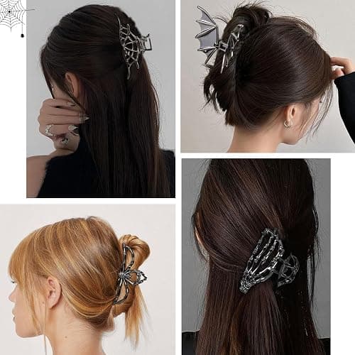 4PCS Gothic Spider Hair Clips Black Web Bat Skeleton Hand Skull Claw Clips for Women,Large Medium Size for Thick Thin Hair,Hiphop Metal Hair Accessories for Halloween Decor Party Gift thumbnail 5
