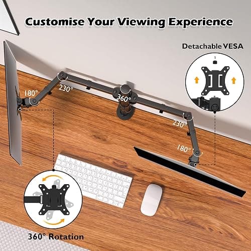 BONTEC PC 2 Monitor Stand for 13-32 Inch Monitors, Height Adjustable PC Monitor Arm, Tilt, Rotatable and Swivel, Maximum Load of 10 kg per arm, 2 Mounting Options, VESA 75/100 thumbnail 3