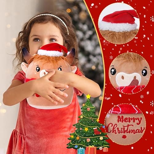 SEAOPOP Christmas Cow Stuffed Animal: 8-Inch Cute Highland Cow Plush Toy with Festive Scarf Soft Plushie Pillow, Perfect Christmas Holiday Birthday Gifts for Kids Girls Boys thumbnail 4