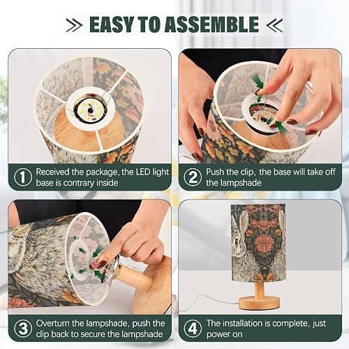 YYZZH Bunny Rabbit Floral Field Table Lamp with Wood Base Fabric Lamp Shade Bedside Desk Lamp for Living Room Bedroom Kids Room Office thumbnail 4