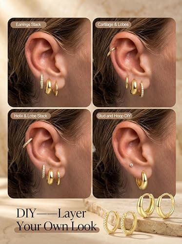 9 Pairs Gold Huggie Hoop Earrings for Women, 14K Gold Plated Stackable Set | Hypoallergenic Small Hoop Earrings, Lightweight Comfortable Huggies, Non Tarnish, Multiple Piercing Set, Great Gift for Women thumbnail 5