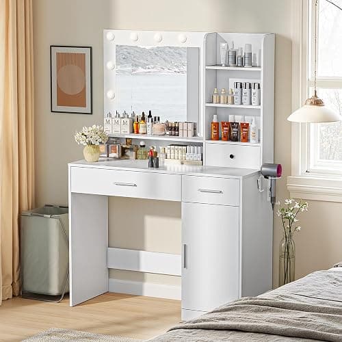 Sweetcrispy Vanity Desk with Adjustable Lighten Mirror & Power Outlet, Makeup Desk for Bedroom with a Storage Cabinet and 3 Drawers, 4 Storage Shelves, White Dresser for Girls - White - 39.37"W thumbnail 2